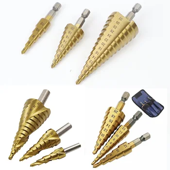 

HSS Steel Titanium Step Drill Bit 3-12mm 4-12mm 4-20mm Step Cone Cutt Tools Metal Drill Bit Set for Woodworking Wood