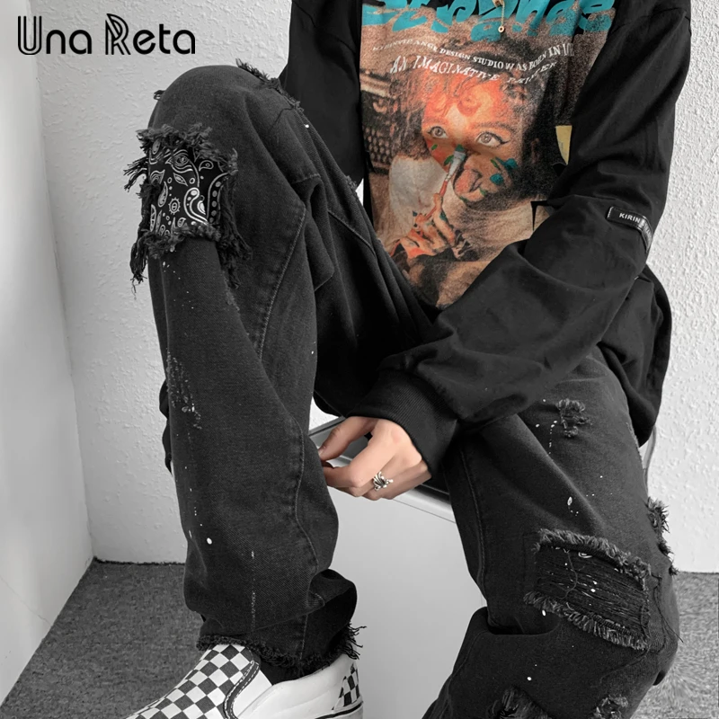 

Una Reta Streetwear Black Men Jeans Hip Hop Hole Loose Straight Men's Pants Casual 2023 New Denim Trousers Jeans Men