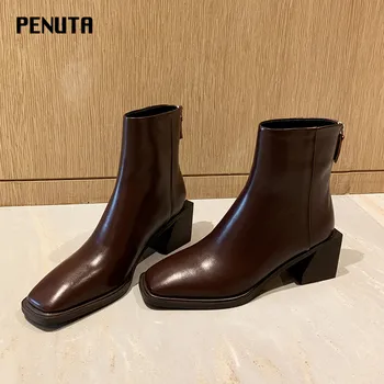

2020 PENUTA Ladies Ankle Boots Square Toe Fashion Chelsea Boots Chunky High Heel Women Winter Warm Shoes Plus Size 34-43 D0052
