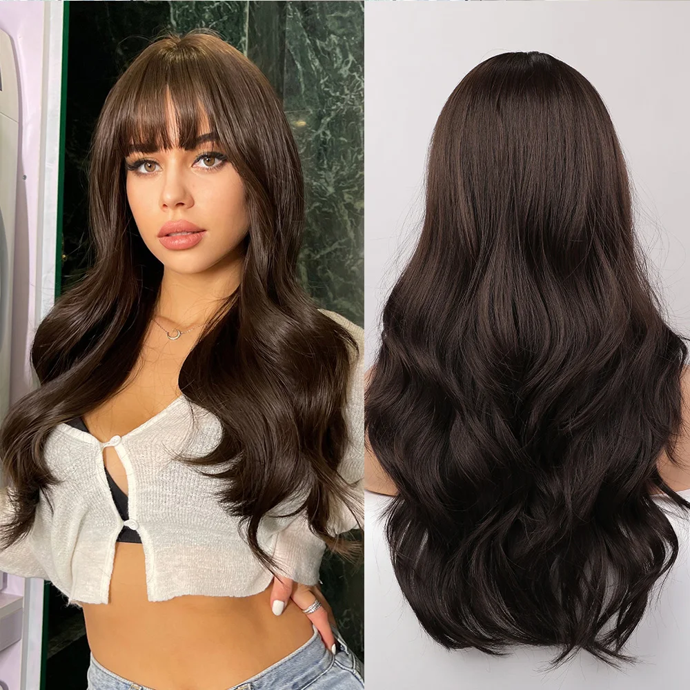 

Emmor Black Brown Wigs Natural Heat Resistant Synthetic Wavy Wigs for Women Long Body Water Wave Wig with Bangs Cosplay Hair Wig