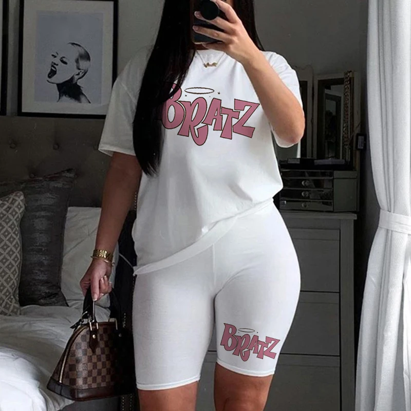 cute pj sets Spring Summer Jogging 2-Pieces Set Women Outfit Short Sleeve Running Sports Cute Bratz Print T-Shirts And Shorts Sets For Female blazer and pants set