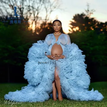 Bridal Fluffy Tulle Maternity Robes Custom Made Sky Blue Pregnant Women Evening Dresses Photo Shoot Birthday Party Bathrobe 1