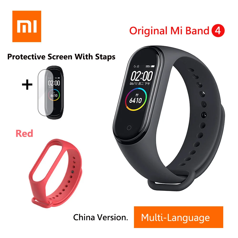 Xiaomi Mi браслет 4 умный английский Русский Испанский фитнес-браслет с частотой сердечных сокращений 135 мАч Bluetooth 5,0 50 м водонепроницаемый - Цвет: Add Red Strap