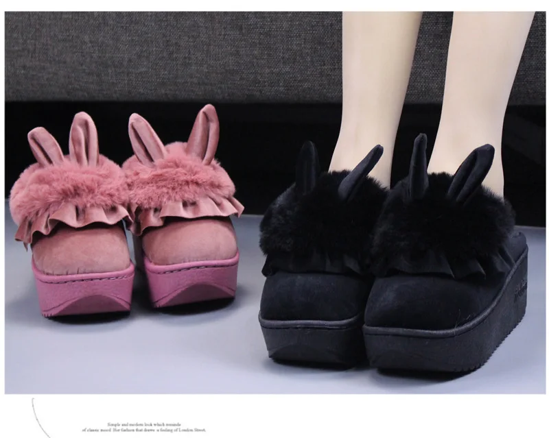 Тапочки с кроликами; женская домашняя обувь; зимние теплые тапочки; женские тапочки на платформе; пушистые шлепанцы; женские уличные тапочки
