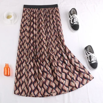 

new Korean version versatile two-color printing skirt medium length high waist thin A-line skirt women's skirt 696