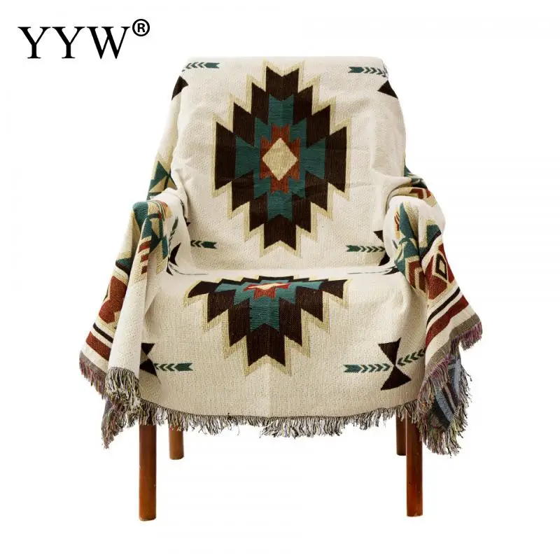 Sofa Covers for Living Room Sofa Towel Full Cover Geometric Blanket Sofa Cloth Polyester & Cotton Soft Tassels Sofa Cover White