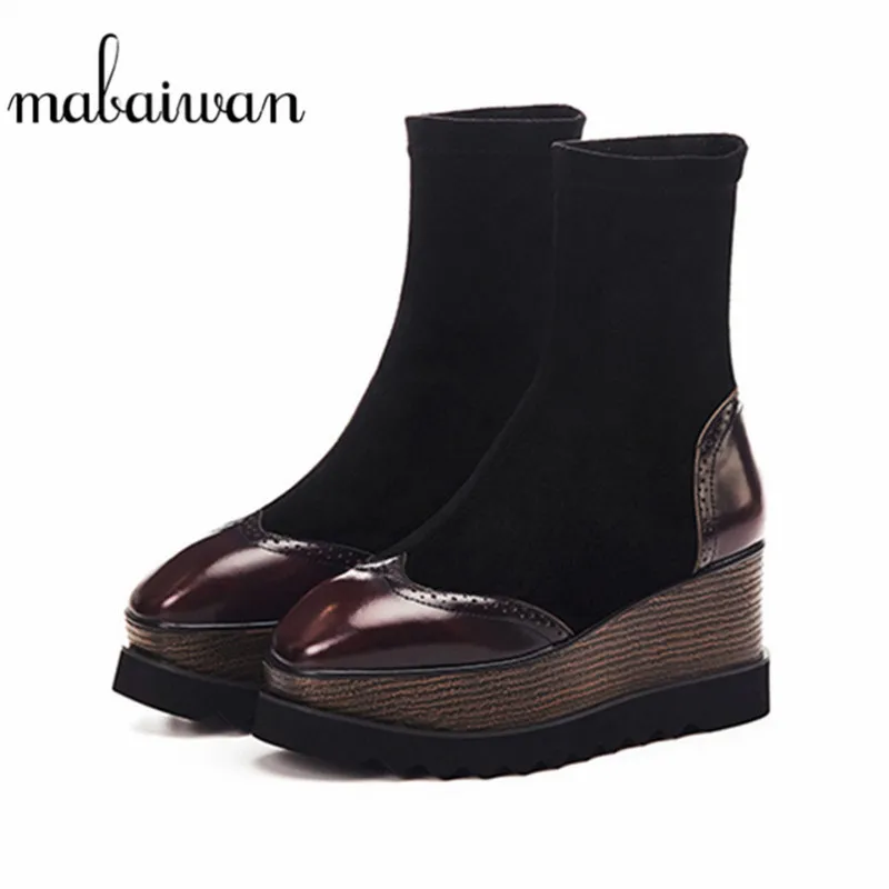 

Mabaiwan 2020 New Women Elastic Fabric Short Ankle Boots Women High Heel Wedge Party Shoes Women Military Slip On Stretch Boots