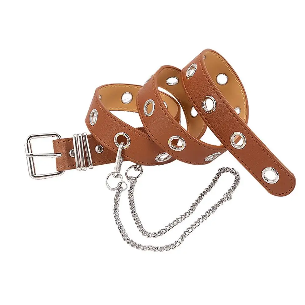 

Fashion Ladies Harajuku Leather Designer PU Belts With Chain Luxury Unisex Aesthetic Grommet Belt Hollow Woman Belt For Jeans