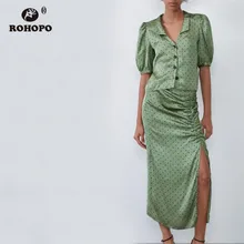 ROHOPO юбка миди с высокой талией, в горошек, спереди, драпированная, с разрезом, осенняя, женская, зеленая, прямая, до середины икры, Falda#9814