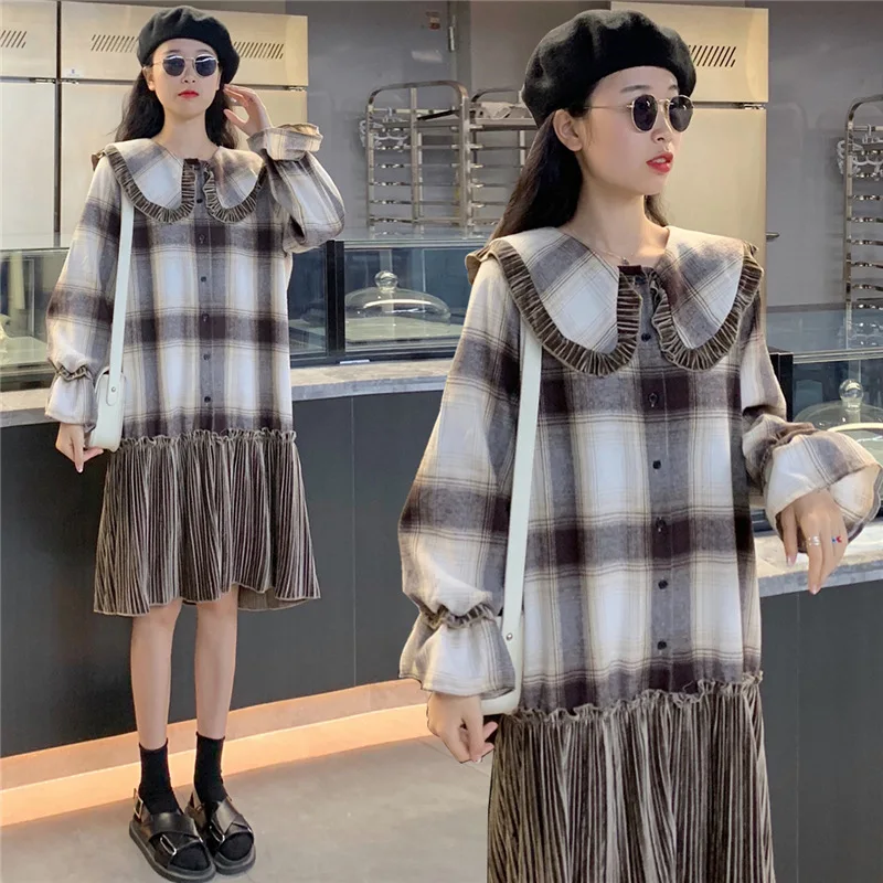 

2019 Autumn & Winter New Style Large Size Dress Fat Mm Korean-style Peter Pan Collar Large Grid Joint Pleated Dress Women's