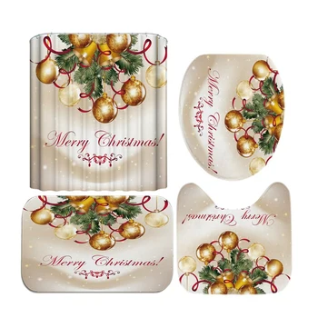 

4Pcs Modern Bathroom Christmas Shower Curtain Mat Set Toilet Cover Bath Curtain