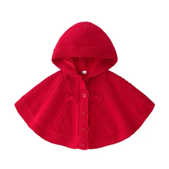 

1-4Year winter knitted thick red kids Sweater Cardigan sweet Girls outside cape knitting vintage cloak girl red bonnet