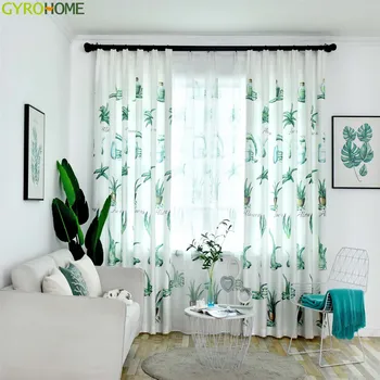 

Green Plant Aloe Curtains for Living Room Kitchen White Semi Blackout Drapes For Bedroom