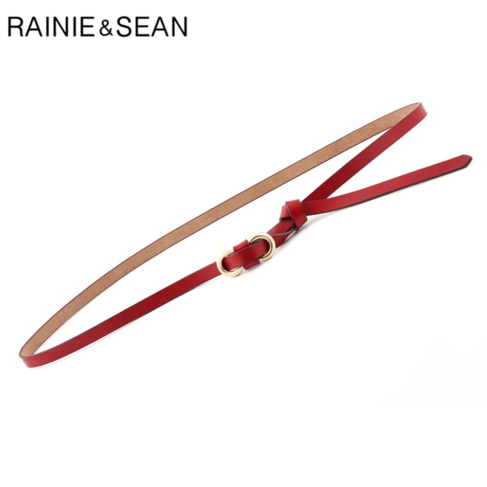 

RAINIE SEAN Thin Belts for Women Genuine Leather Ladies Belts for Dresses Knot Real Cowskin Fashion Female Strap Accessories