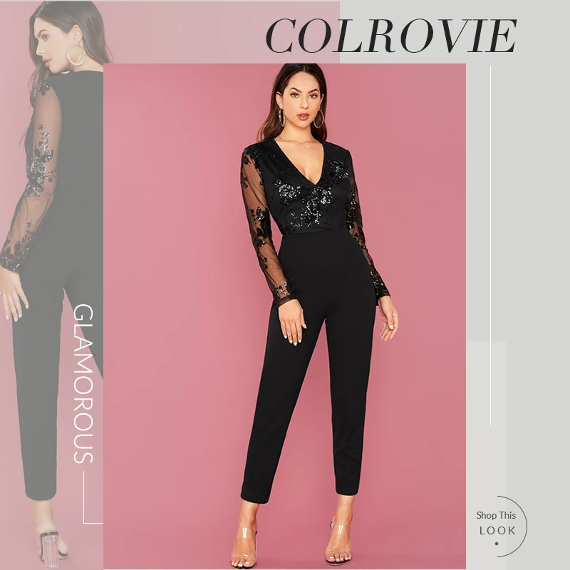 COLROVIE, черный комбинезон, с вырезом, с блестками, с сеткой, с лифом, элегантный, с высокой талией, однотонный, Комбинезоны для женщин, весенние, зауженные комбинезоны