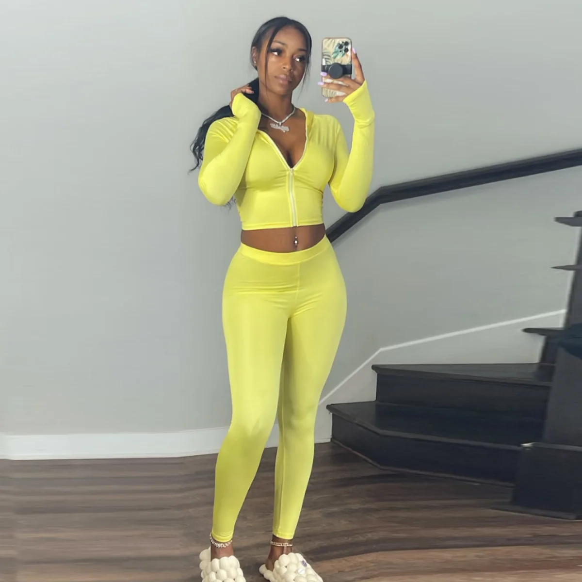 HOT Crop Top Yellow Leggings With Top Yellow Top Matching