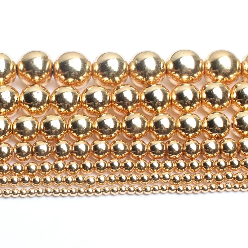Natural Stone Hematite Round Beads in Gold & Silver Tones for Jewelry Making - 15'' Strand