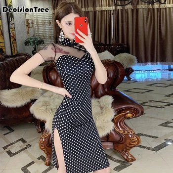 

2020 chinese dress cheongsam qipao perspective lace qi pao Slanted fork robe satin vestido chino cheongsam lingerie oriental
