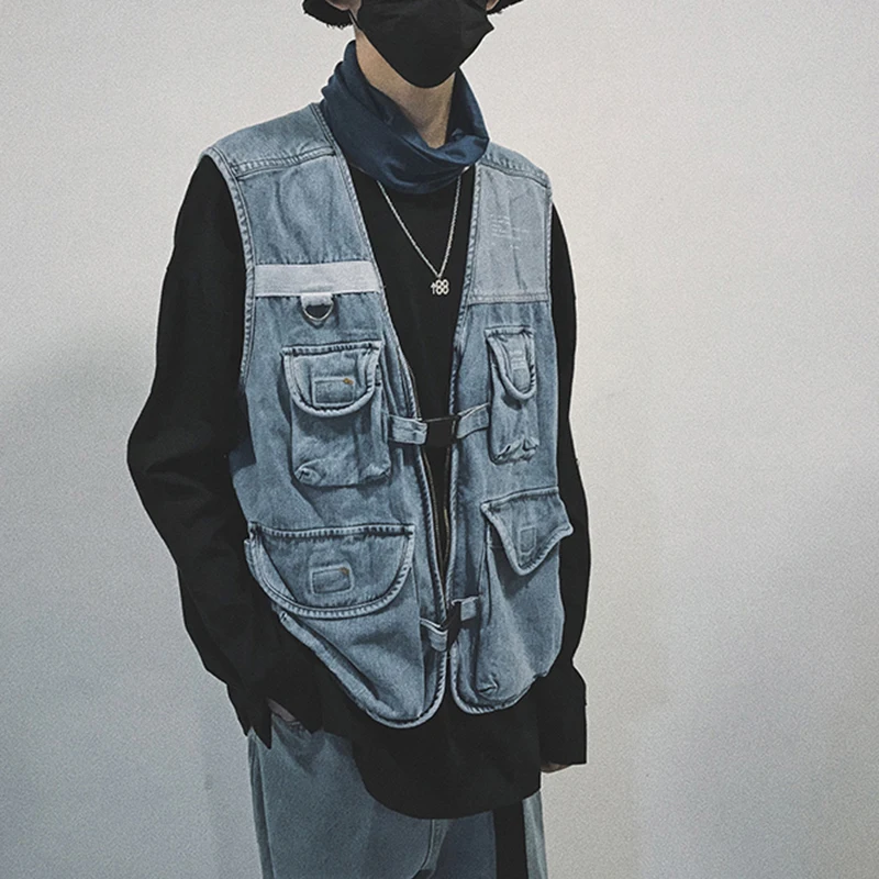 EFUNGAL джинсовый жилет для мужчин несколько карманы, набедренный жилеты Hop молния Уличная Скейтборд без рукавов зимние повседневные куртки пальто