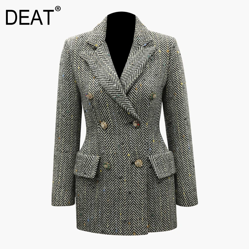 

[DEAT] 2019 New Spring Summer Lapel Long Sleeve Pockets Rhinestone Button Wool Lattice Hit Color Jacket Women Coat Fashion JY01