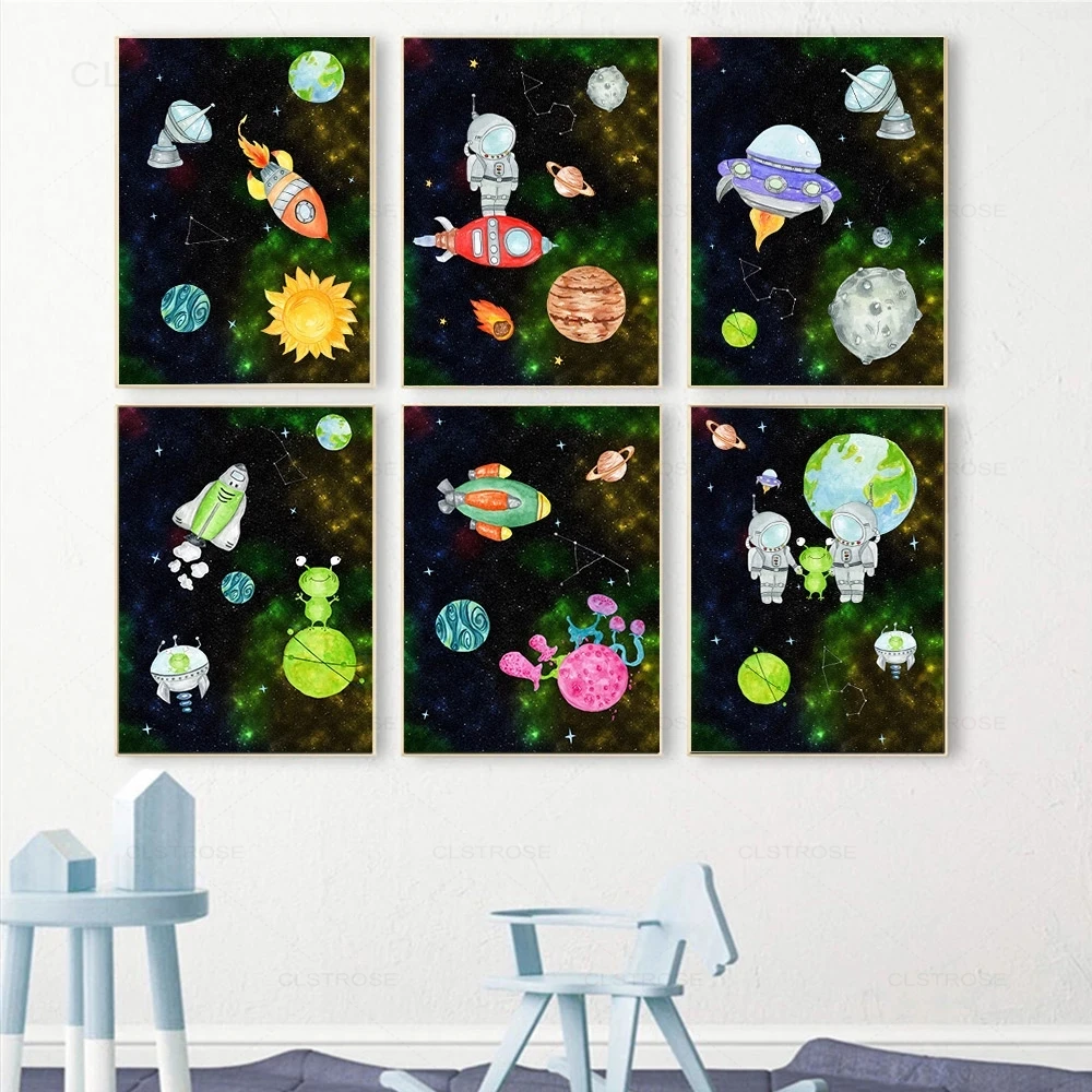 Cartoon Astronaut Planet Space Canvas Poster Rocket Nursery Wall Art Painting Nordic Wall Pictures For Boy Kids Room Decoratio