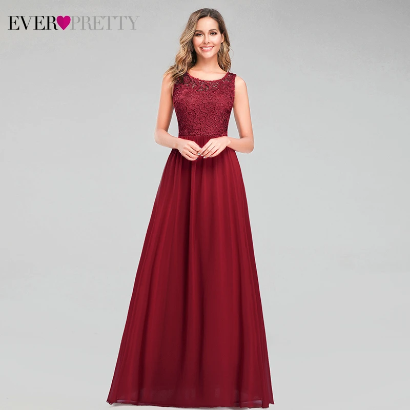 

Elegant Burgundy Evening Dresses For Women Ever Pretty A-Line O-Neck Sleeveless Lace Formal Party Gowns Vestido Comprido 2020