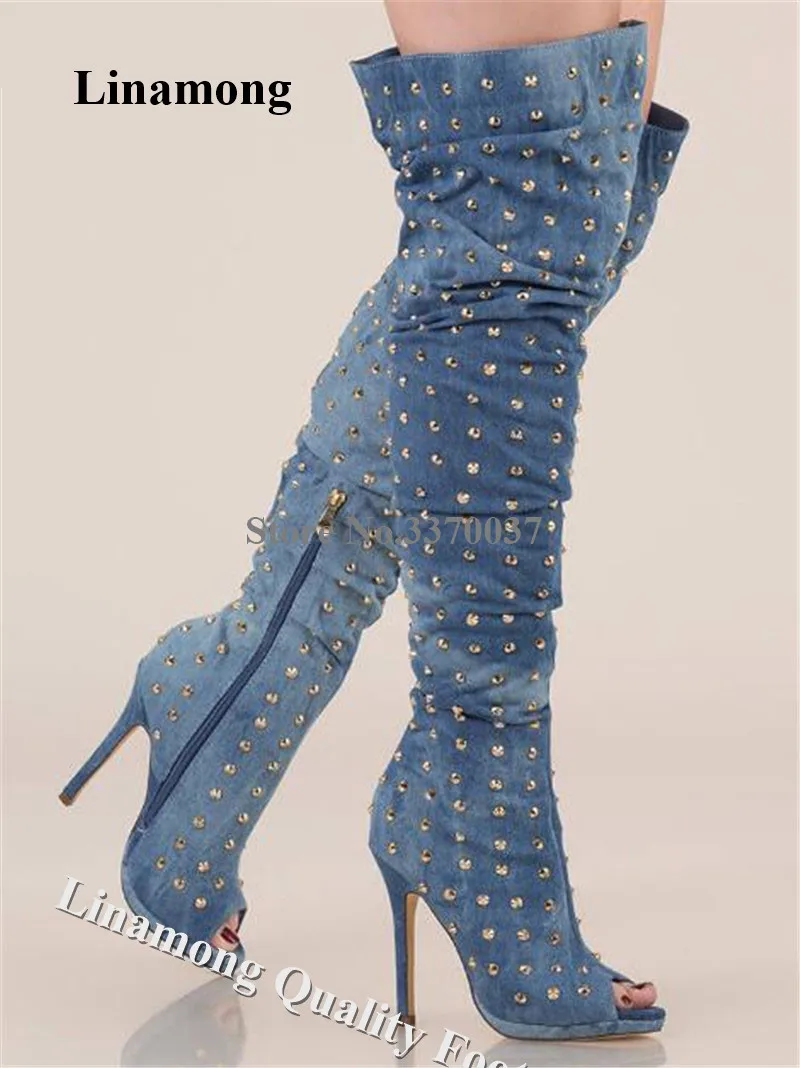 denim over the knee peep toe boots