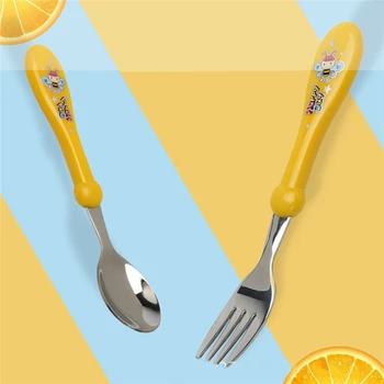 

Cartoon Baby Feeding Spoon Fork Set Stainless Steel Children's Tableware Cutlery Baby Learning Eating Flatware Utensils
