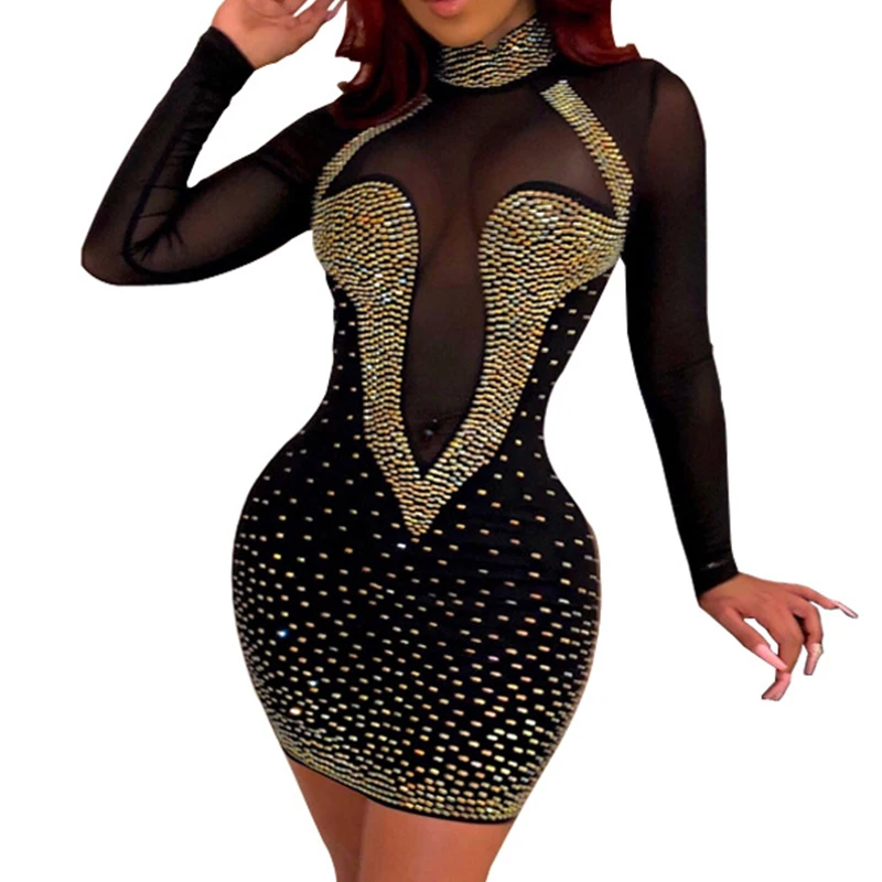 

Irregular Rhinestone Mesh Sexy Club Bodycon Short Dress Plus Size Long Sleeve Women Black Red Blue Party Skinny Mini Dress 2019