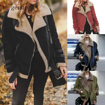 

Winter Women Faux Fur Fleece Coat Outwear Warm Lapel Biker Motor Aviator Jacket Lady Deer Leather Velvet Lamb Cotton Coat Jacket
