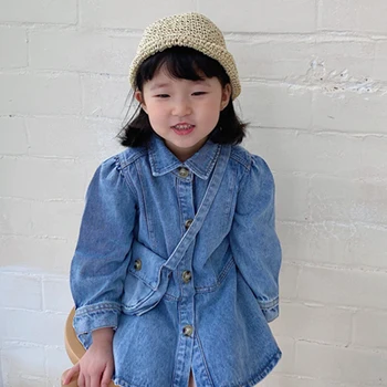 

New 2020 Spring Autumn Korean Kids Dresses For Girls Satchel Princess Dresses Kids Girl Cowboy Dress Long Sleeve Dress 1-6Yrs