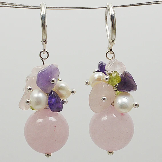 Special Pearl Jewelry set Handmade White freshwater pearl Pink Rose Quartz amethyst Olivene mixes necklace bracelet earrings