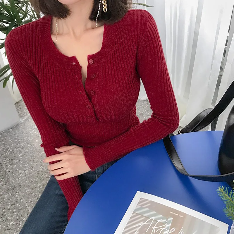 Высококачественный сексуальный красный свитер для женщин, однобортный пуловер, тонкий корейский женский свитер, весенний женский джемпер, сексуальный пуловер для женщин