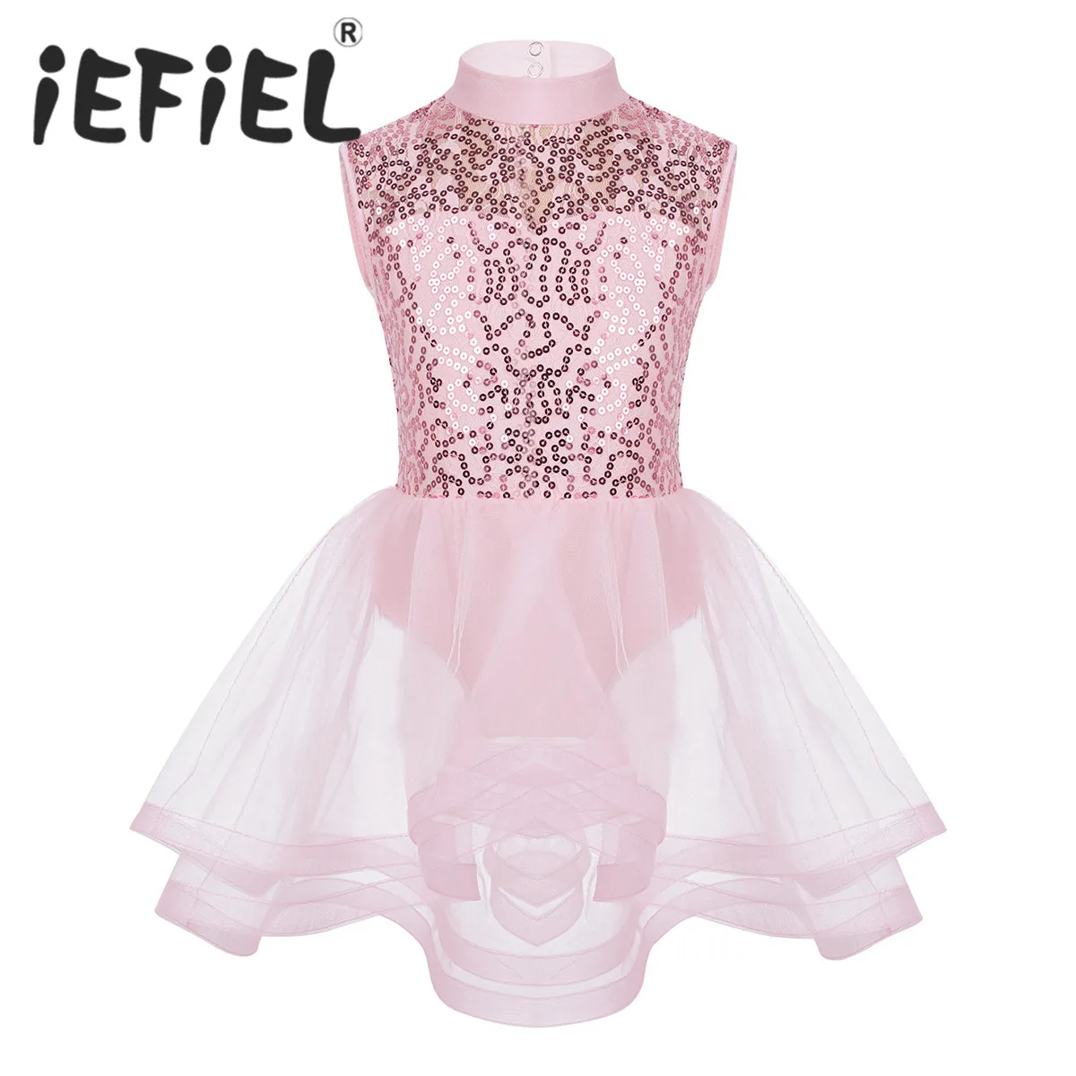 

Sequins Kids Girls Sleeveless Mock Neck Keyhole Back Figure Ice Skating Roller Skating Ballet Dance Leotard Princess Tulle Dress