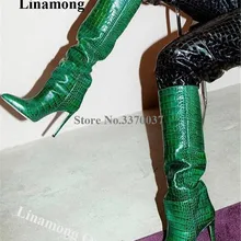 Linamong Для женщин элегантные туфли с острым носком на шпильках; сапоги до колена зеленого и синего цвета с узором под змеиную кожу длинные, с высоким каблуком, вечерняя обувь на высоком каблуке