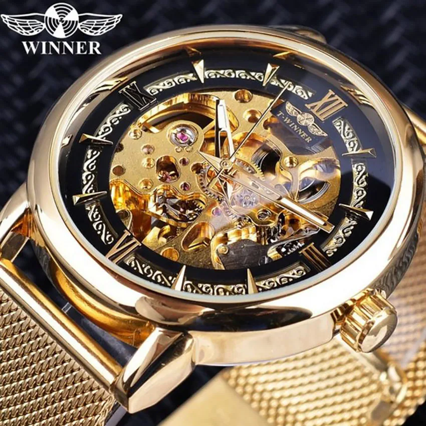 Победитель лучший бренд класса люкс ультра тонкие золотые мужские механические часы с сетчатым ремешком скелет мужские классические деловые наручные часы Heren Horloge - Цвет: Золотой