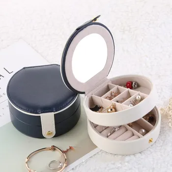 

1 Piece Round Jewelry Box Multi-storey Travel Jewelry Storage Box PU Leather Stud Earrings Organizer Girls Necklace Display Case
