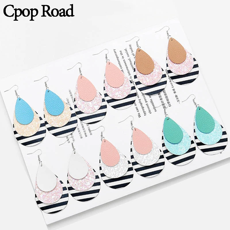 

Cpop New Glitter Three Layers PU Leather Earrings Shiny Zebra Water Drop Earring Fashion Jewelry Women Accessories Gift Hot Sale