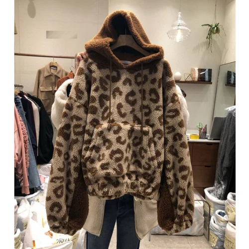 Dark Brown Южная Корея Осень и зима новые модные худи с леопардом женские утепленные Свободные толстовки женская одежда больших размеров s - Цвет: Dark Brown