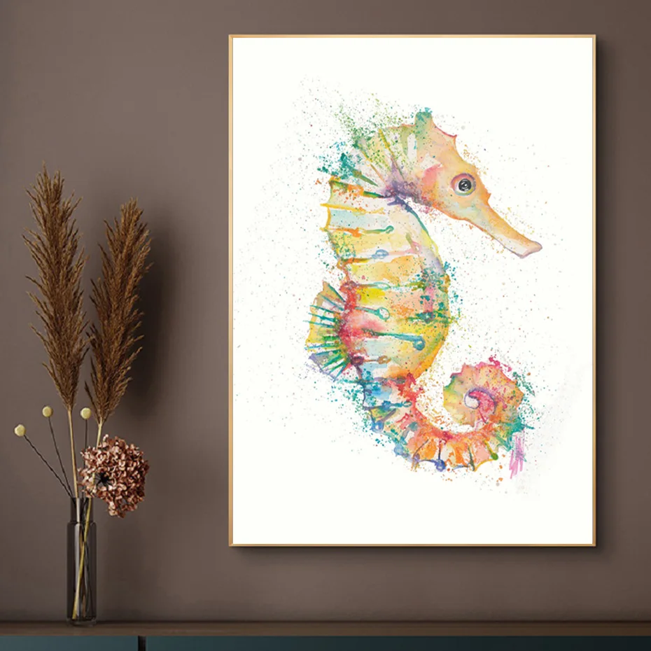 水色海の動物タツノオトシゴキャンバス絵画動物壁アートポスター壁プリントポスター最高のギフトのリビングルームの家の装飾 Painting Calligraphy Aliexpress
