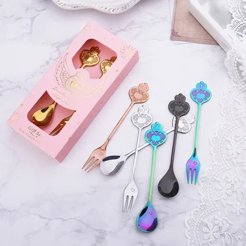 

European Crown Shape Gold Coffee Spoon Fork Set 304 Stainless Steel Mini Small Tea Spoons Forks Gift for Party Tableware