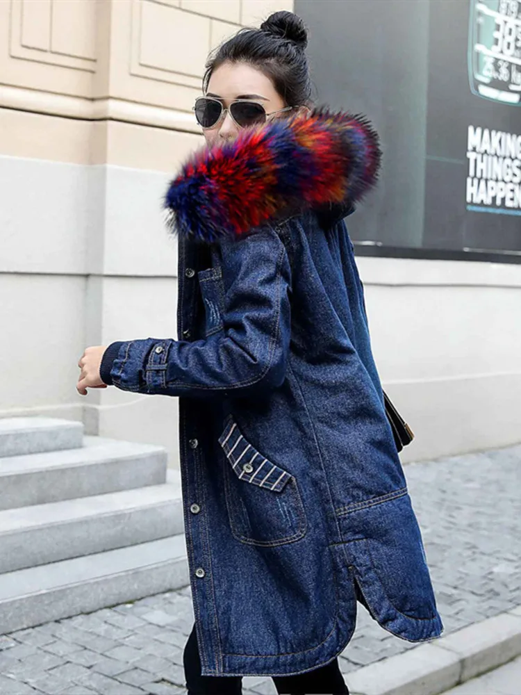 pink faux fur hood Зимние джинсовые Флисовые женские куртки больших размеров s искусственный меховое пальто с капюшоном теплые большие размеры d Длинные теплые синие джинсовые куртки для женщин плюс размер - Цвет: pink faux fur hood