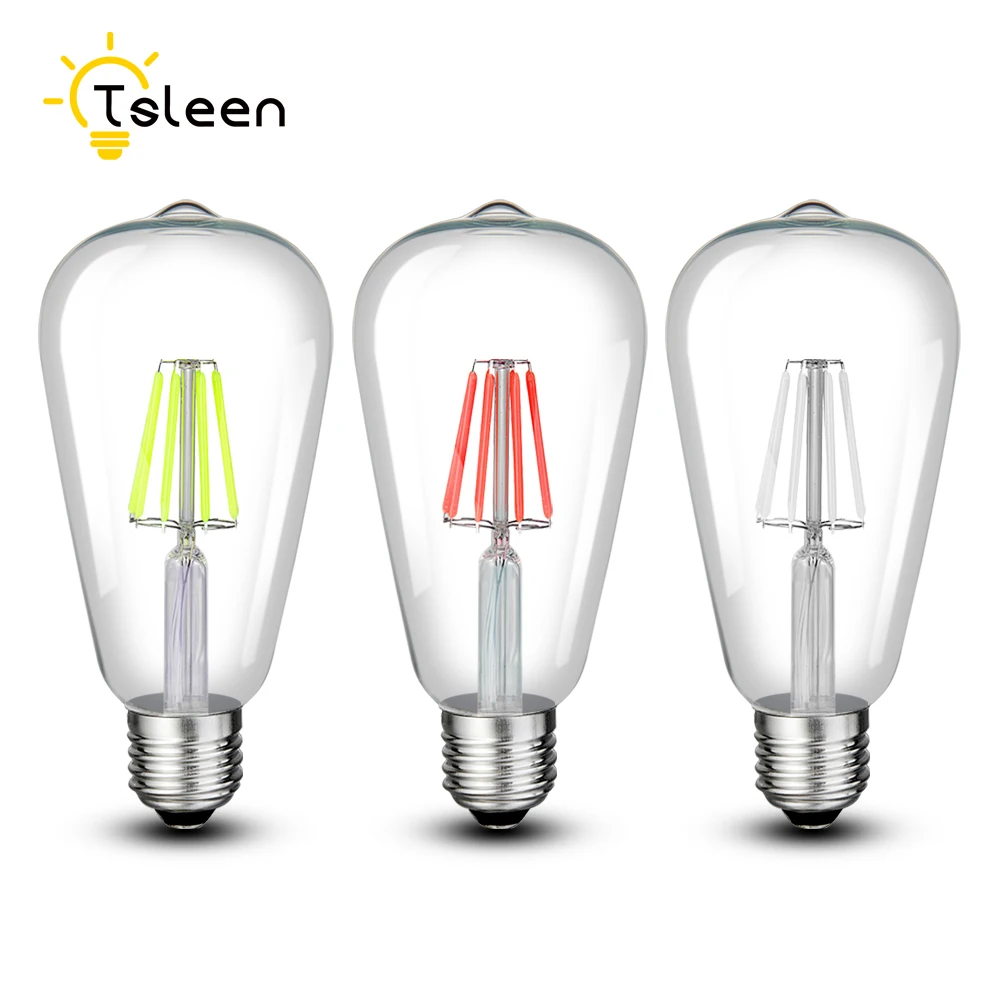 TSLEEN 10x E27 Red/Rosy/Blue/Green Filament Light Vintage COB LED Bulbs Chandelier Glass Globe Lampada Energy Saving