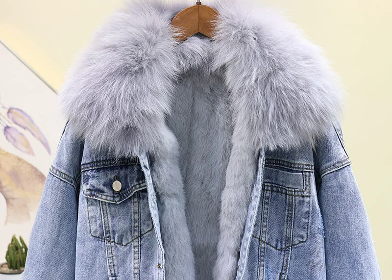 Джинсовая куртка с большим меховым воротником, женское базовое пальто, зимняя съемная подкладка из кроличьей шерсти, Толстая теплая джинсовая куртка, свободное женское джинсовое пальто