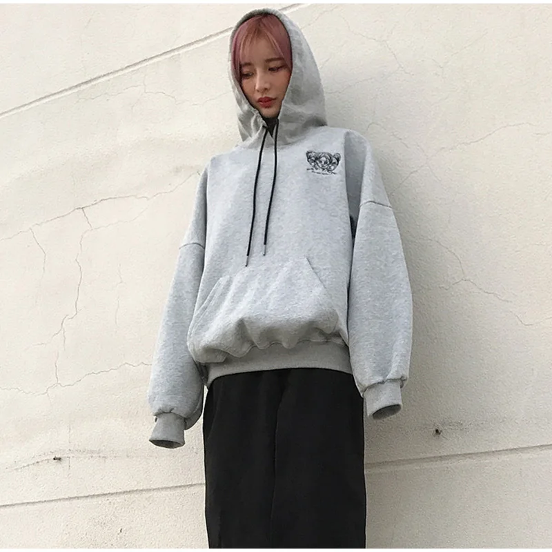Harajuku панк Женская толстовка с капюшоном Вышивка головы с длинным рукавом Повседневные Свободные флисовые толстовки спортивный костюм Осень Зима Новинка