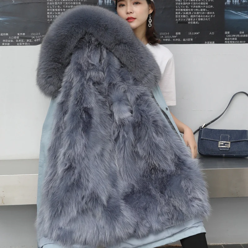 

2020 New Fashion Winter Women's Real Fur Coats Plus Size Hat Parkas Detachable Fur Liner Middle Long Female Jackets Casual