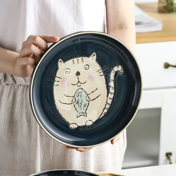 

Japanese underglaze color hand painted cartoon round ceramic steak dish flat plate breakfast dessert salad sushi set tableware