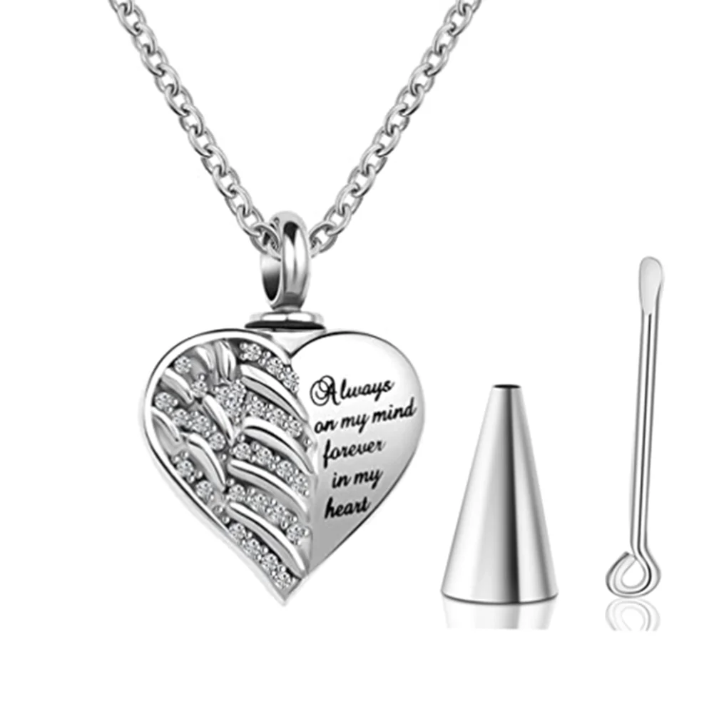 

Dropshipp Stainless Stee Angel Wings Cremation Jewelry for Ashes Memorial Keepsake Necklace Always on Mind Forever in My Heart