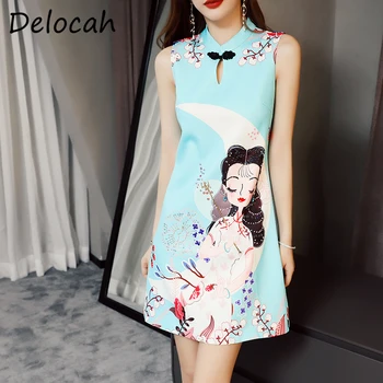 

Delocah Women Summer Fashion Designer Short Dress Sleeveless Crystal Beading Floral Print Ladies Elegant A-Line Dresses vestidos