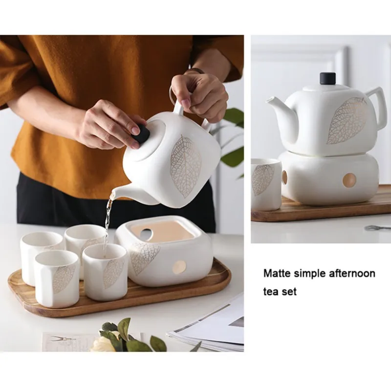 

Ceramic Teapot Cups Tea Service Tray Set Tea Pot Holder Base with Four Tea Cups and Wooden Tray for Home Office Restaurant